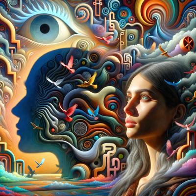 The primary subject of the image is a woman with long hair, who is the focal point of the artwork. She is surrounded by a vibrant and colorful environment, which includes a variety of birds and other elements. The setting appears to be a mix of a beach and a forest, with a sunset in the background. The visual style of the image is a combination of digital art and illustration, creating a unique and captivating scene. The colors and mood of the artwork are lively and energetic, with a sense of freedom and creativity.